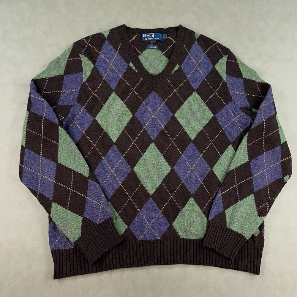 Polo Ralph Lauren Sweater Mens XL Brown Green Argyle Diamond Cotton Cashmere